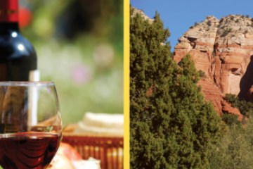 collage photo of a glass of wine and red rock formations in Sedona